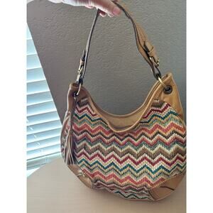 Bueno Chevron Woven Shoulder Bag – Tan Faux Leather & Multicolor Boho Style